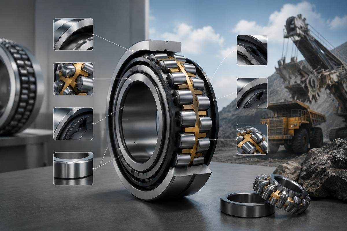 23000 series spherical roller bearing for mining A labeled breakdown of a heavy-duty spherical roller bearing showing seal and load rating markings