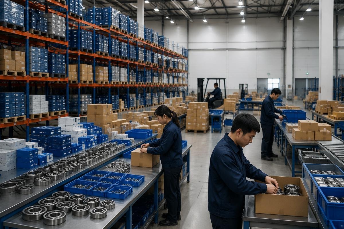 aftermarket bearing distributor inventory and order fulfillment process Specialized aftermarket bearing distributor warehouse with rows of sorted common SKU inventory