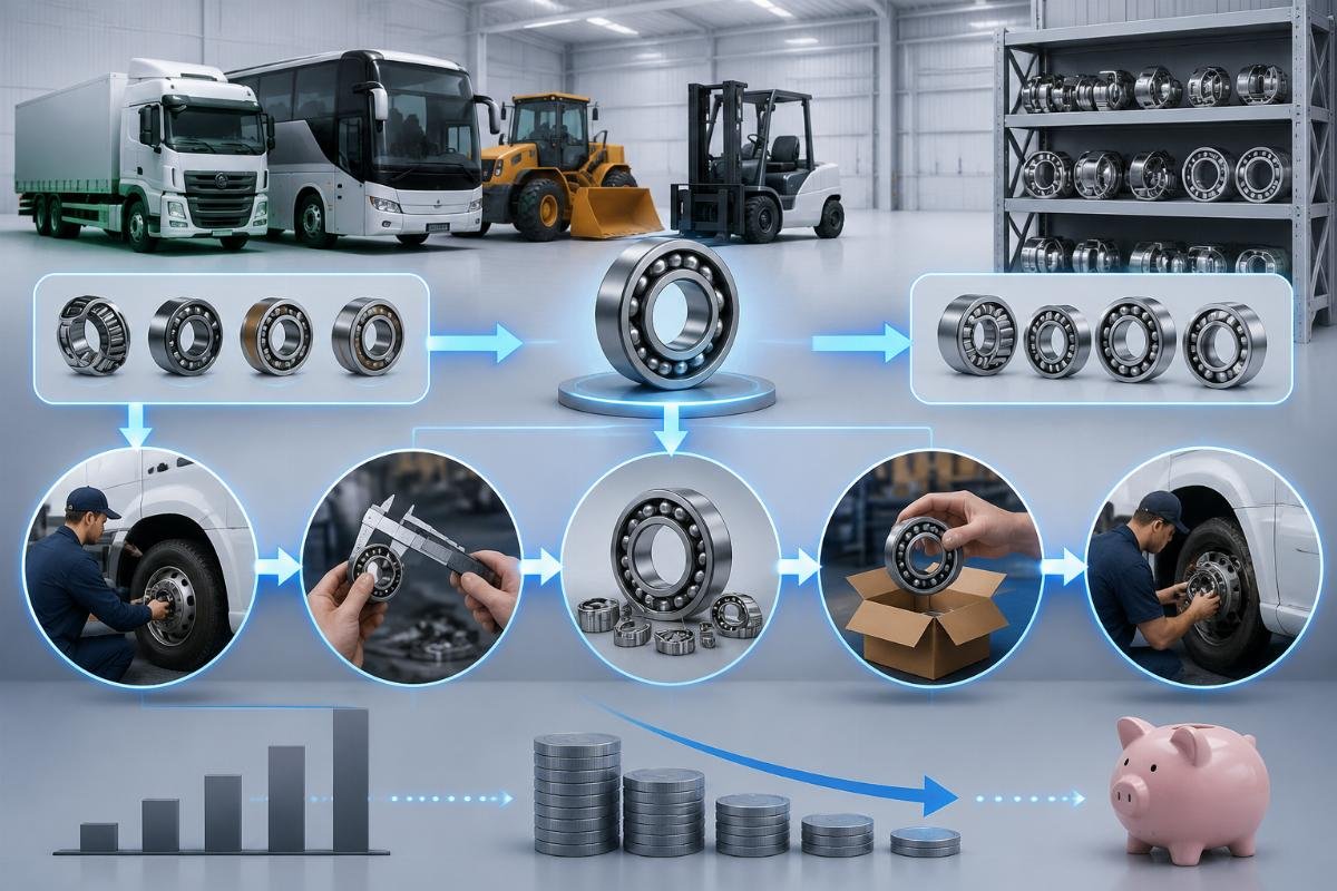Workflow showing how cross-brand bearing interchange eliminates unnecessary OEM spending for mixed fleets