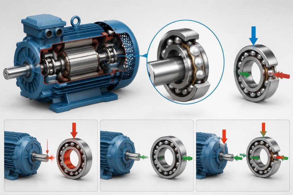 Bearing load distribution in electric motor applications: radial, axial, and combined load scenarios Electric Motor Bearing Load Analysis Diagram