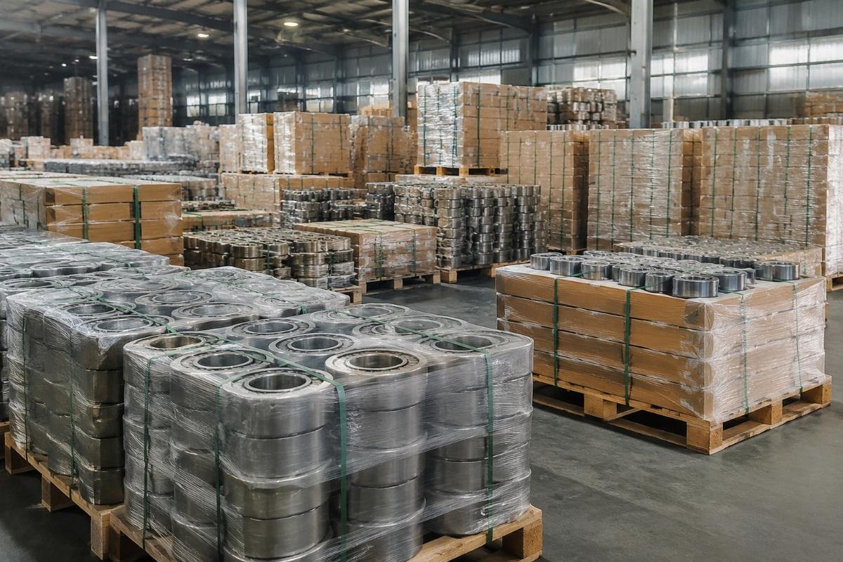 Bulk MRC replacement bearing stock for global distribution A warehouse with stacked pallets of packaged MRC replacement bearings ready for shipping