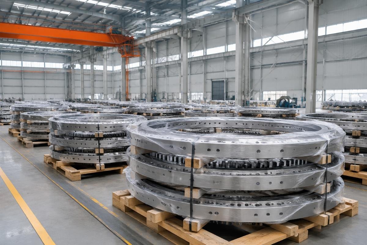 Chinese supplier wind turbine slewing ring inventory Stacks of packaged large slewing ring bearings in a factory inventory warehouse