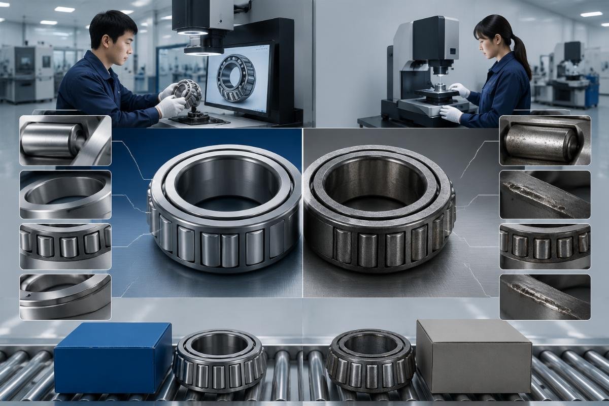 Comparison between genuine and counterfeit tapered roller bearings showing verification checkpoints Bearing Anti-Counterfeiting Verification Process