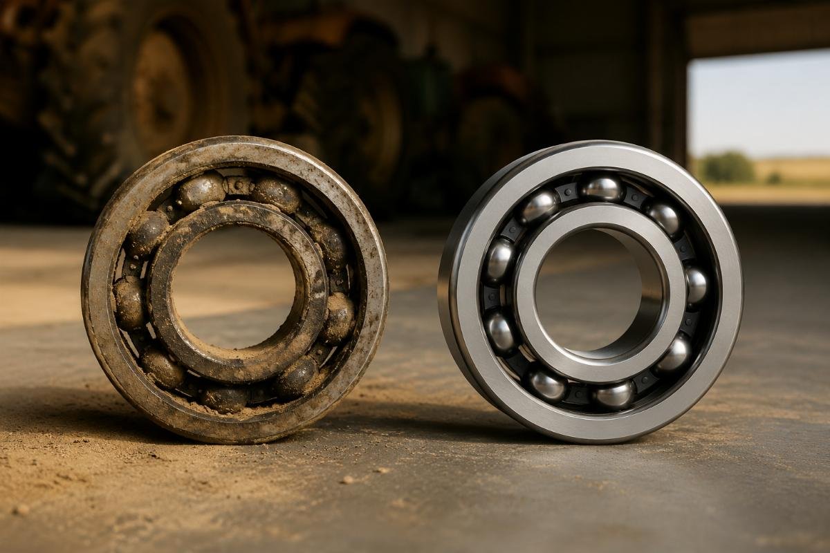 Comparison of failed generic bearing and agricultural-specific bearing A side-by-side comparison of a failed generic bearing and a new agricultural-specific bearing, with dust residue visible on the used part