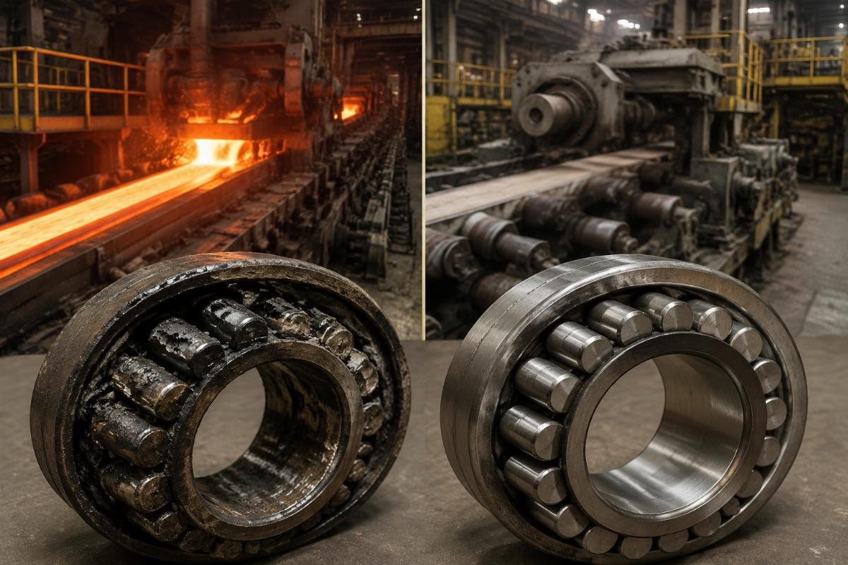 Comparison of failed standard bearing vs modified clearance bearing after 6 months in continuous casting operation Bearing Failure Analysis in Steel Mill Applications