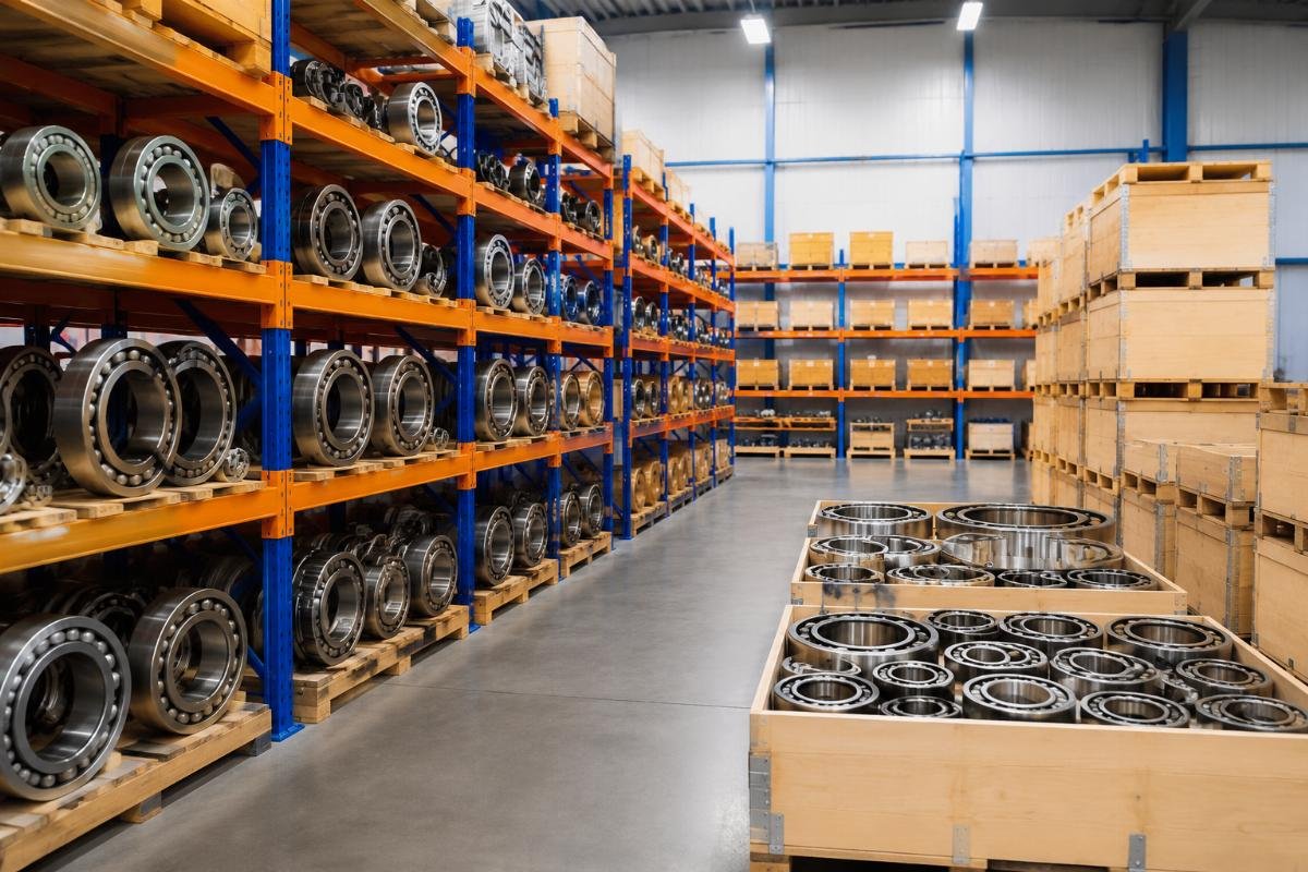 Dedicated agricultural bearing stock for fast order fulfillment A warehouse shelf with organized stock of agricultural bearing SKUs, ready for bulk and emergency orders