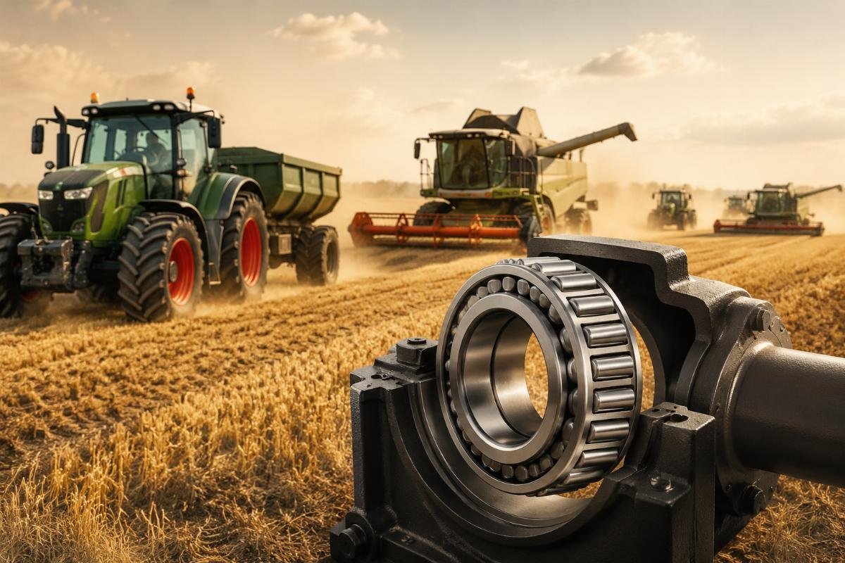 Durable agricultural equipment bearings for tractors and combines A fleet of tractors and combine harvesters operating in a dusty farm field, with a close-up of a correctly fitted tapered roller bearing