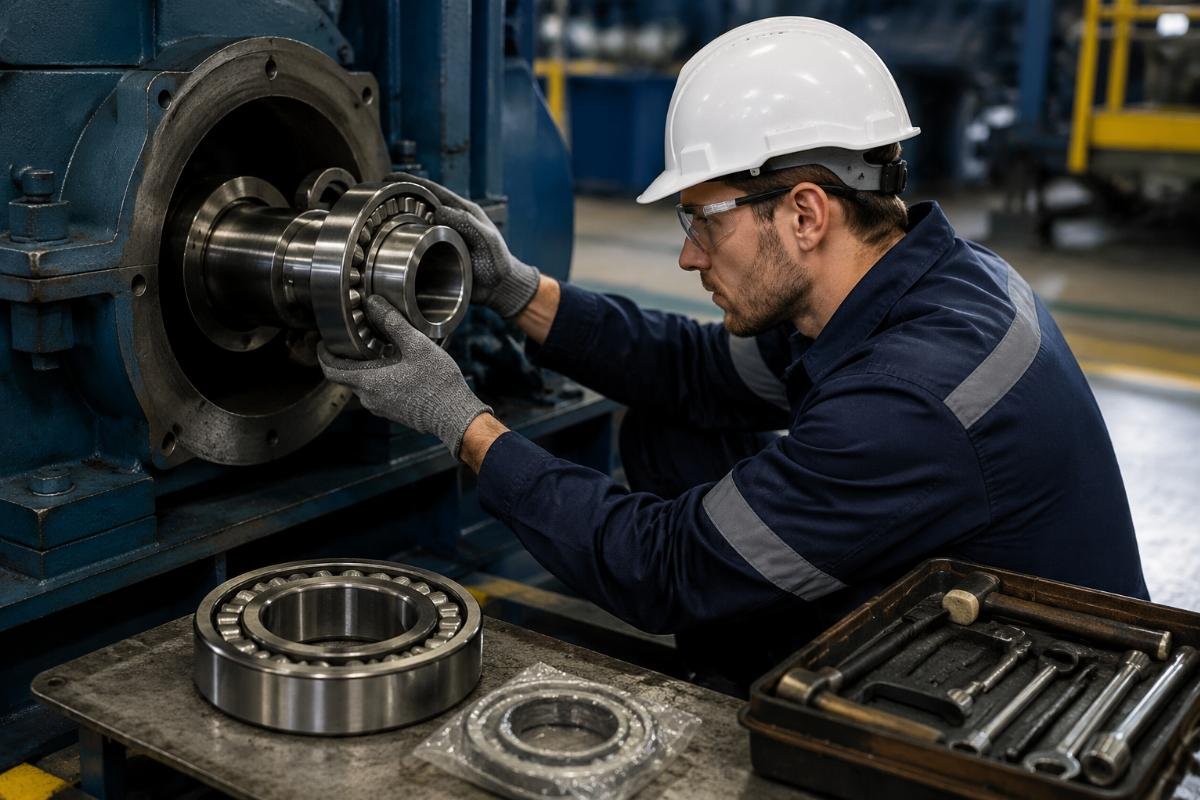 Emergency MRC bearing replacement for industrial MRO use A maintenance technician installing a replacement MRC bearing into industrial equipment