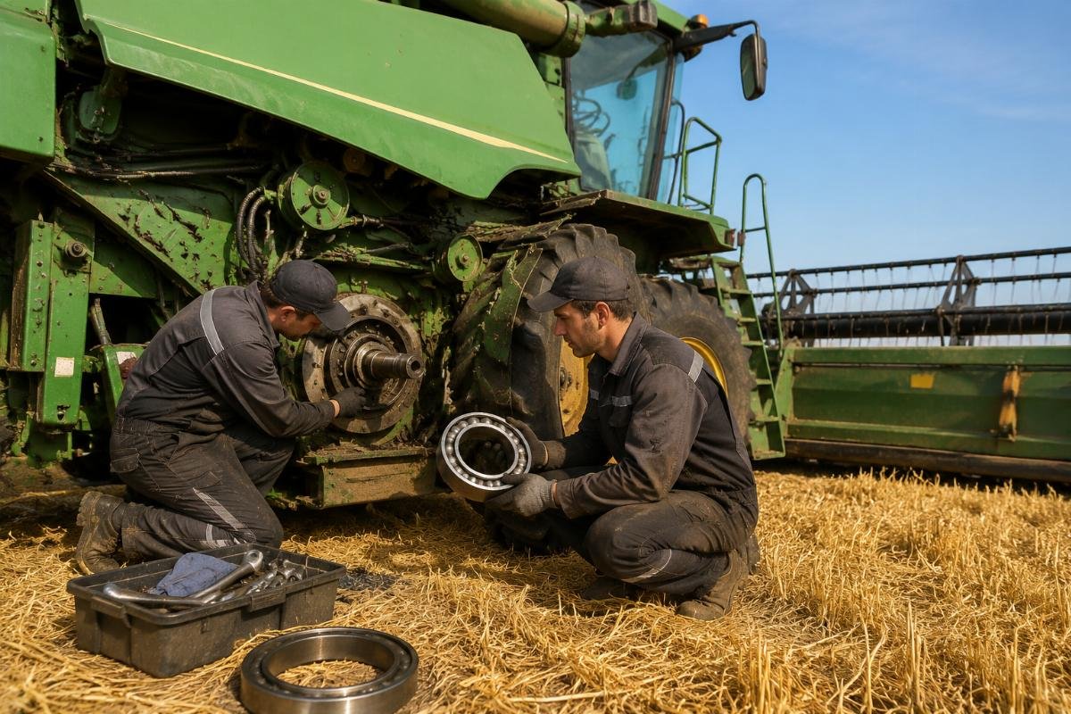 Fast bearing replacement for agricultural equipment to avoid harvest downtime A farm maintenance team replacing a bearing on a combine harvester during harvest season, with no extended downtime