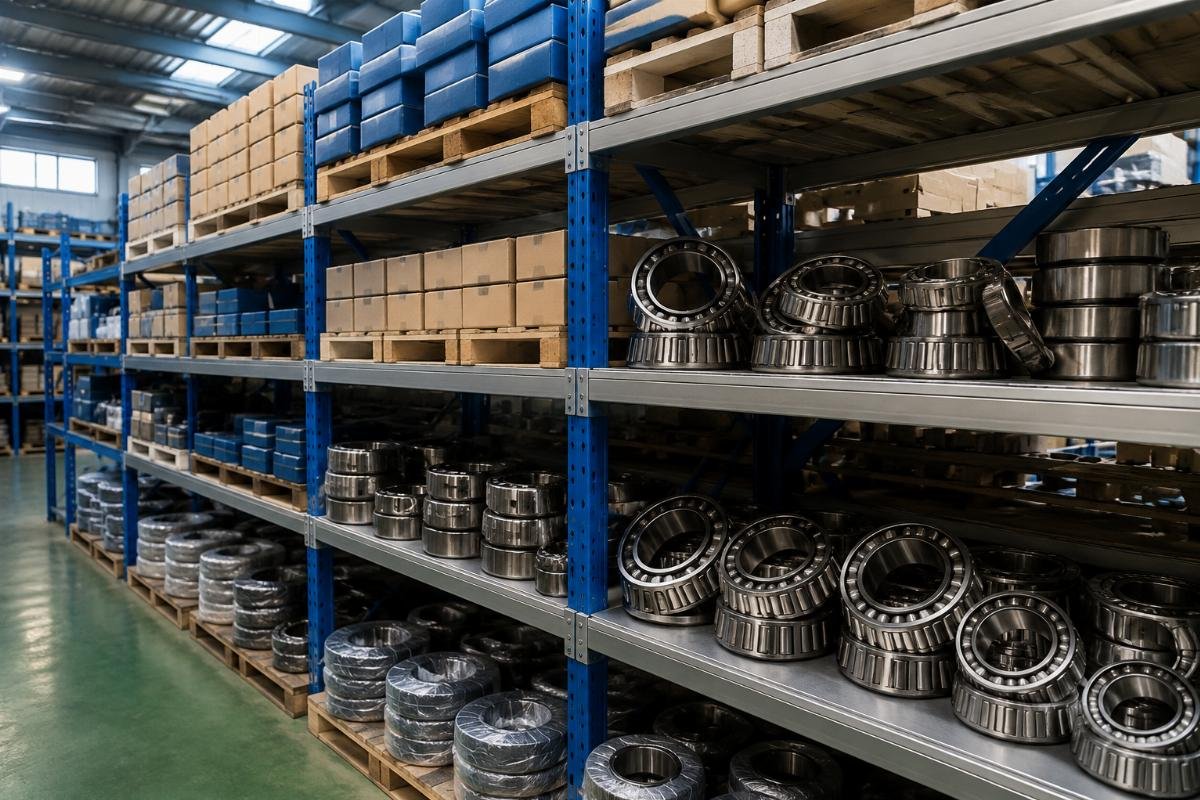 Heavy duty tapered wheel bearing inventory A warehouse shelf stocked with labeled heavy duty tapered wheel bearing SKUs