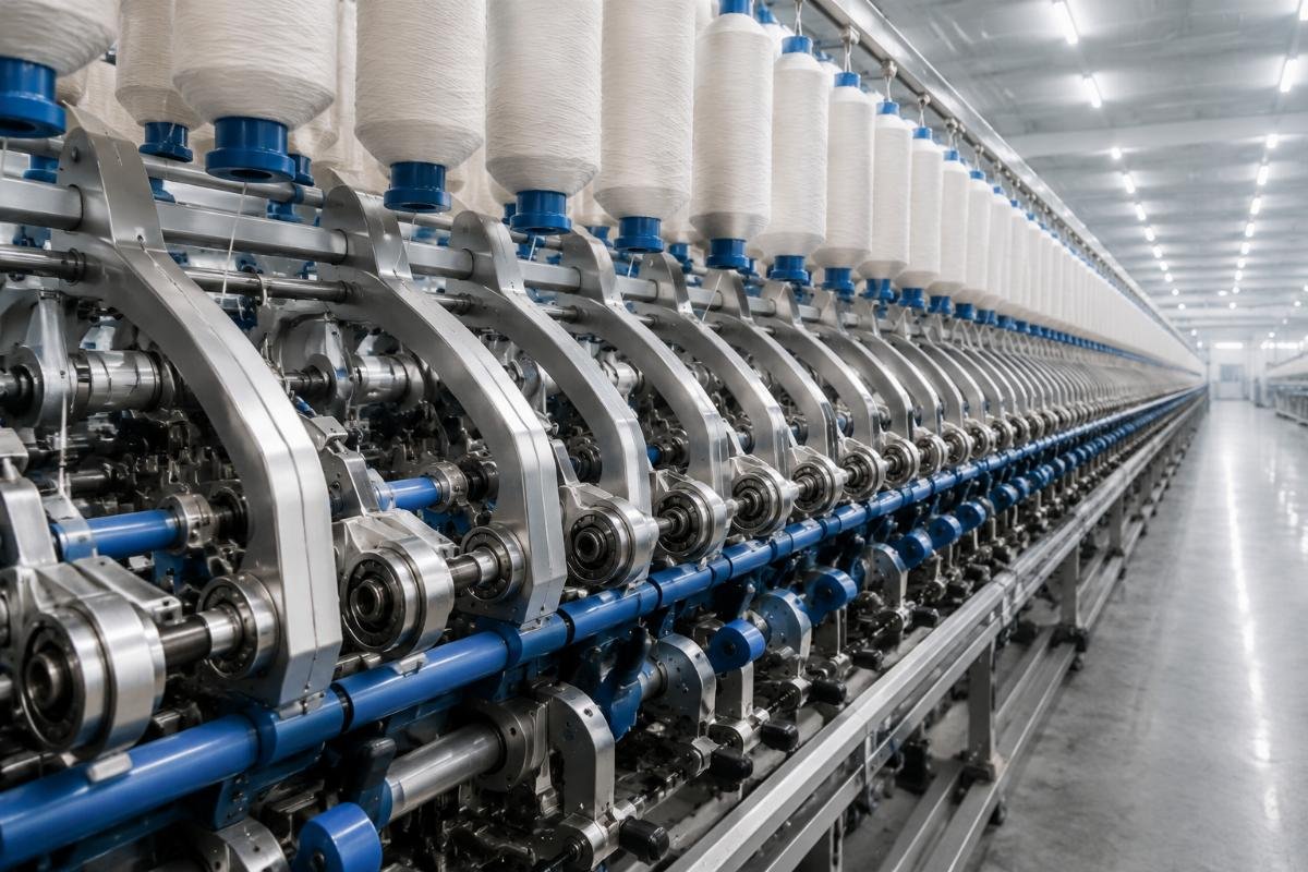 A production line of high-speed spinning machines running in a modern textile factory