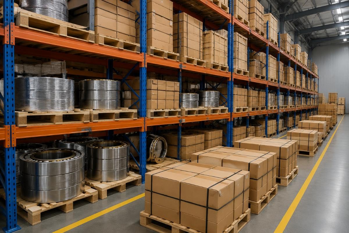 In-stock mining bearing inventory for fast dispatch A warehouse shelf showing stacked boxes of in-stock mining bearing SKUs ready for dispatch