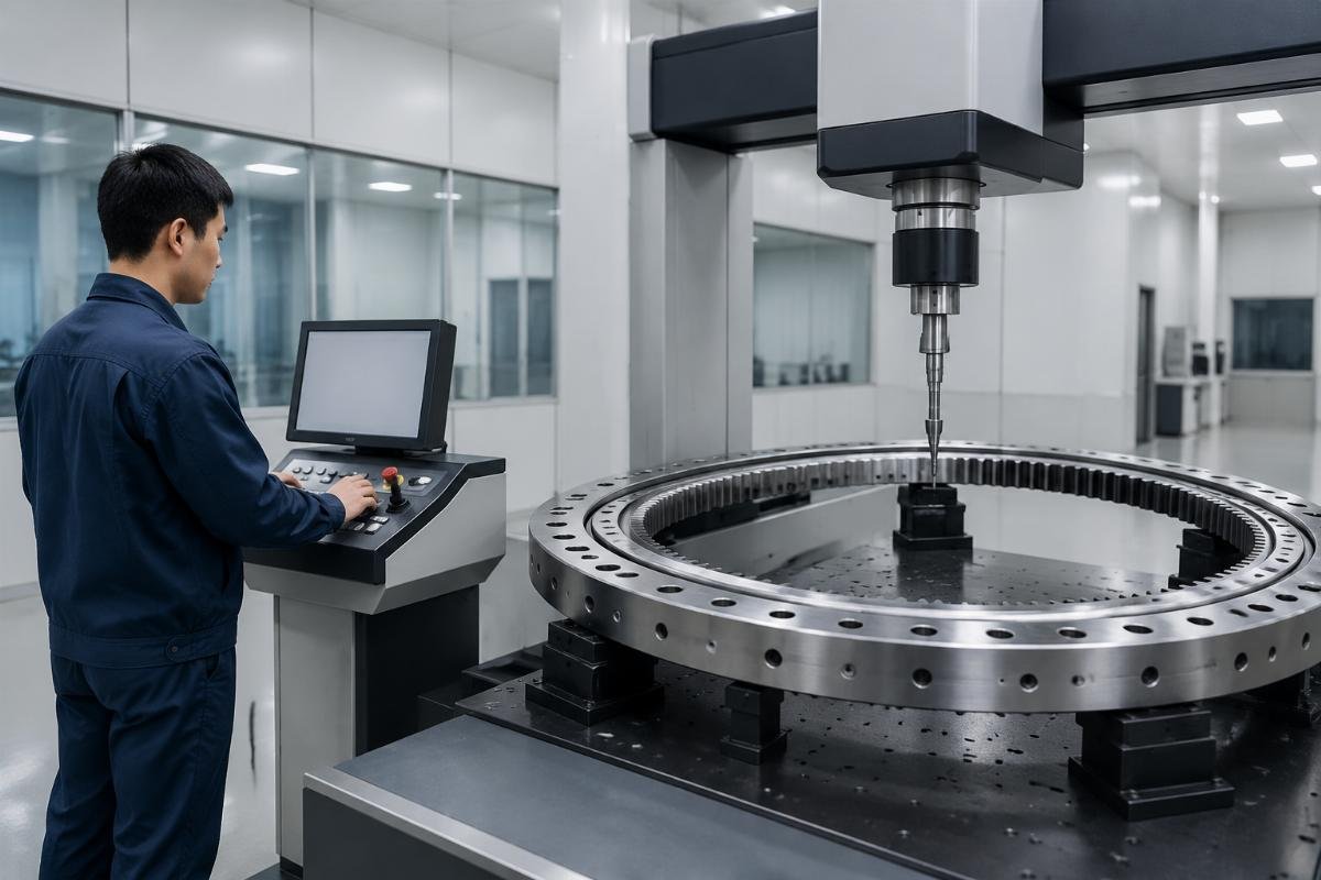 Independent quality testing for wind turbine bearings A third party lab technician running a load test on a large slewing ring bearing