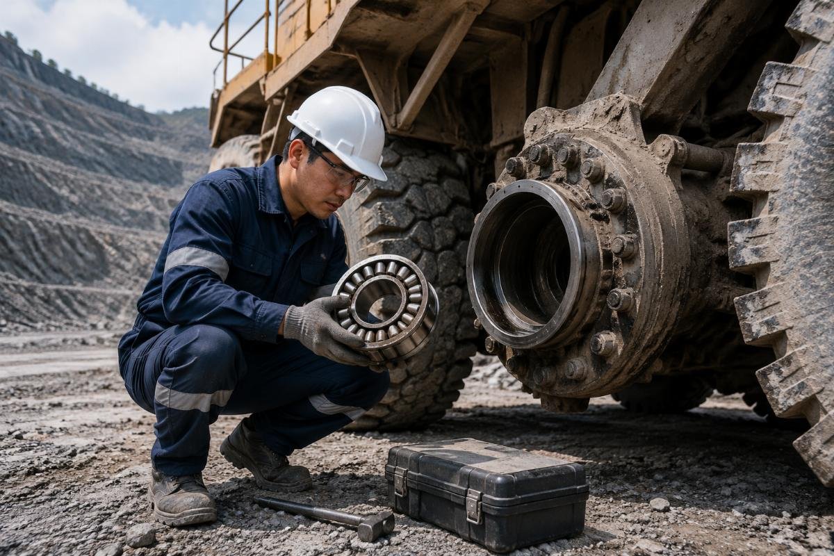 Mining equipment bearing inspection on site A field technician inspecting a spherical roller bearing on a haul truck at a remote mining site