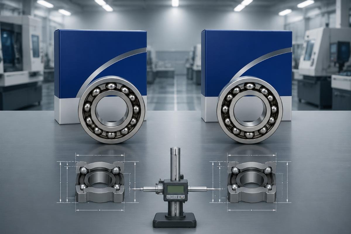 MRC bearing cross reference compatibility verification A side-by-side comparison of a genuine MRC bearing and a 1:1 matched replacement bearing with identical dimensional markings
