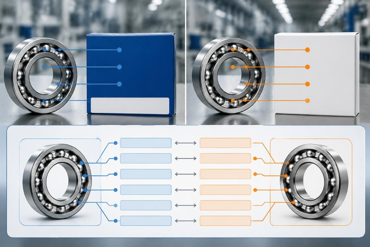 OEM to aftermarket bearing part number cross reference core parameters Side-by-side comparison of OEM and aftermarket bearing part number labeling with key matching parameters highlighted