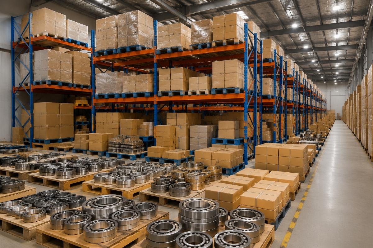 Supplier warehouse with labeled storage for high-volume bearing SKUs