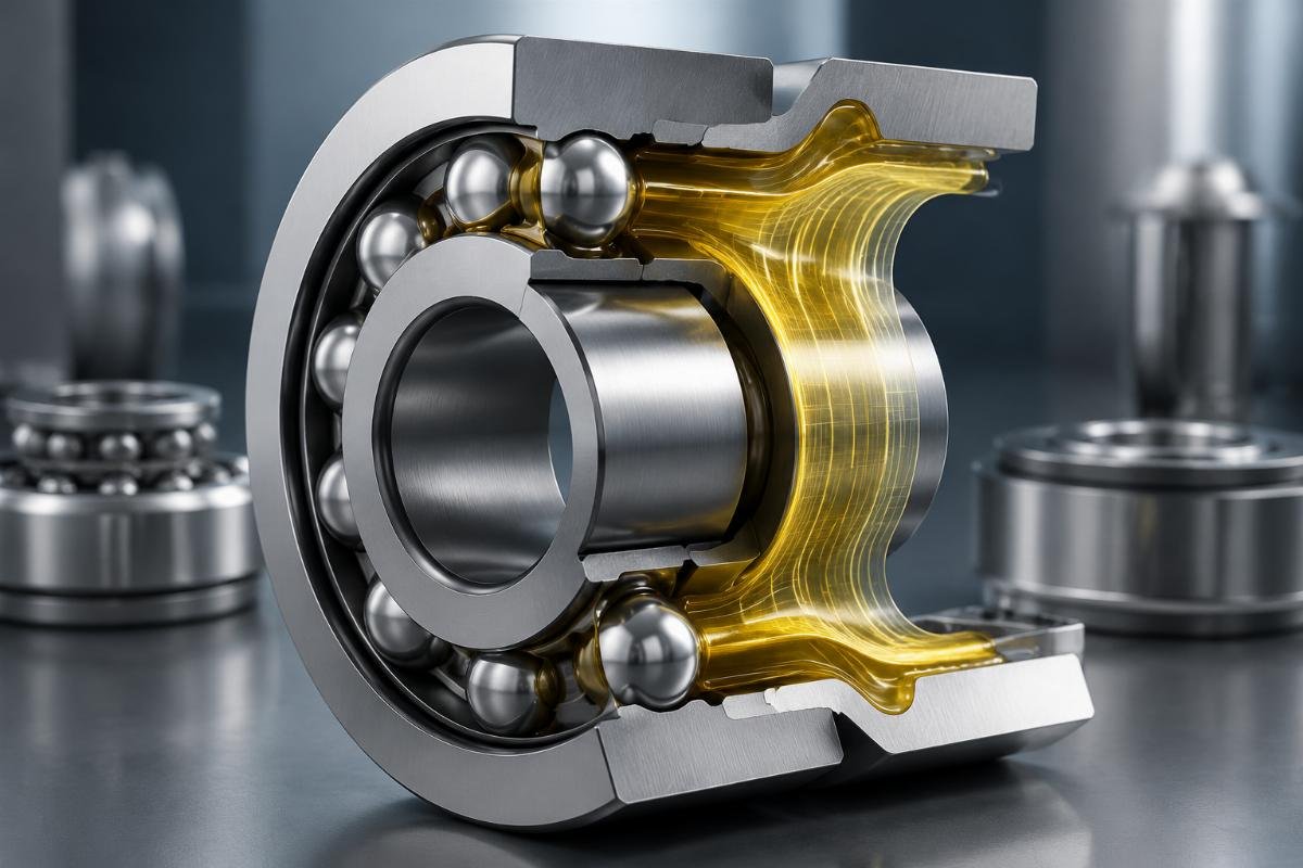 Proper lubrication film thickness prevents metal-to-metal contact in industrial bearings Bearing cross-section showing lubrication film distribution under load