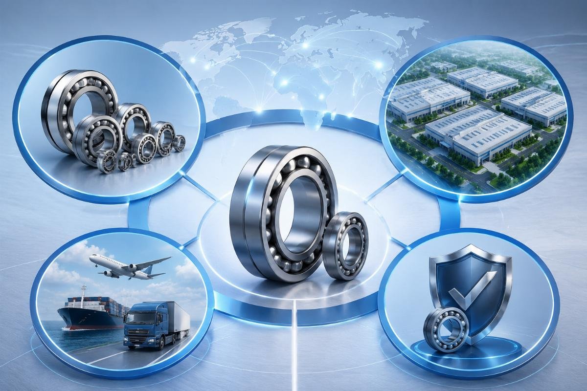 A supplier capability infographic showing core strengths: cross reference, factory network, logistics, warranty