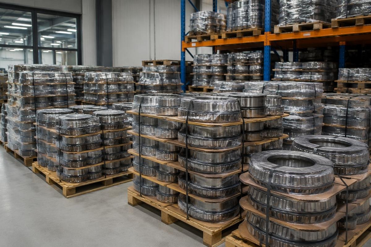 SKF equivalent bearing bulk inventory Stacked pallets of tapered roller bearings in a supplier warehouse