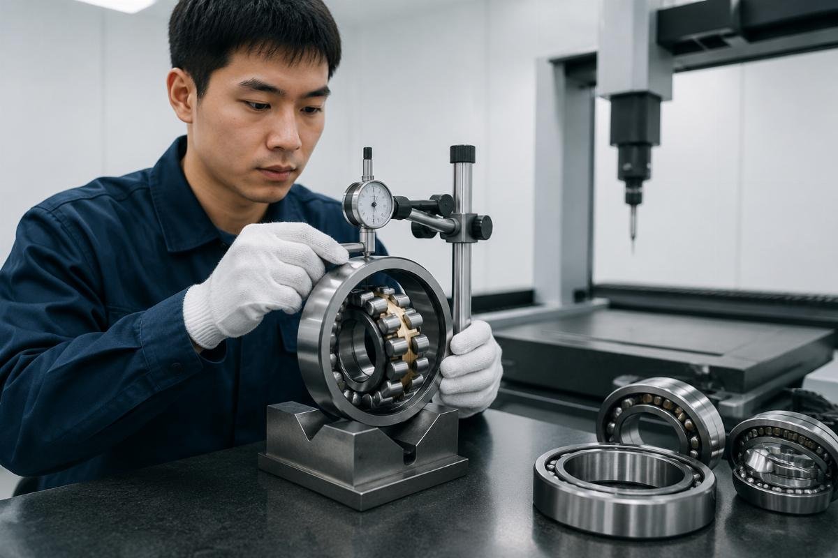 SKF equivalent bearing quality inspection Technician performing dimensional accuracy check on spherical roller bearings