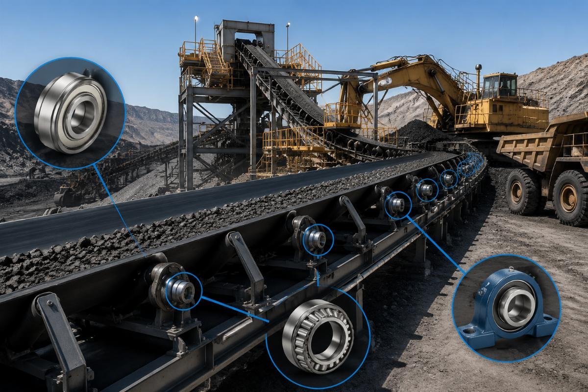 Strategic bearing placement in mining conveyor systems showing Timken and Koyo optimal applications Mining Conveyor Bearing Application