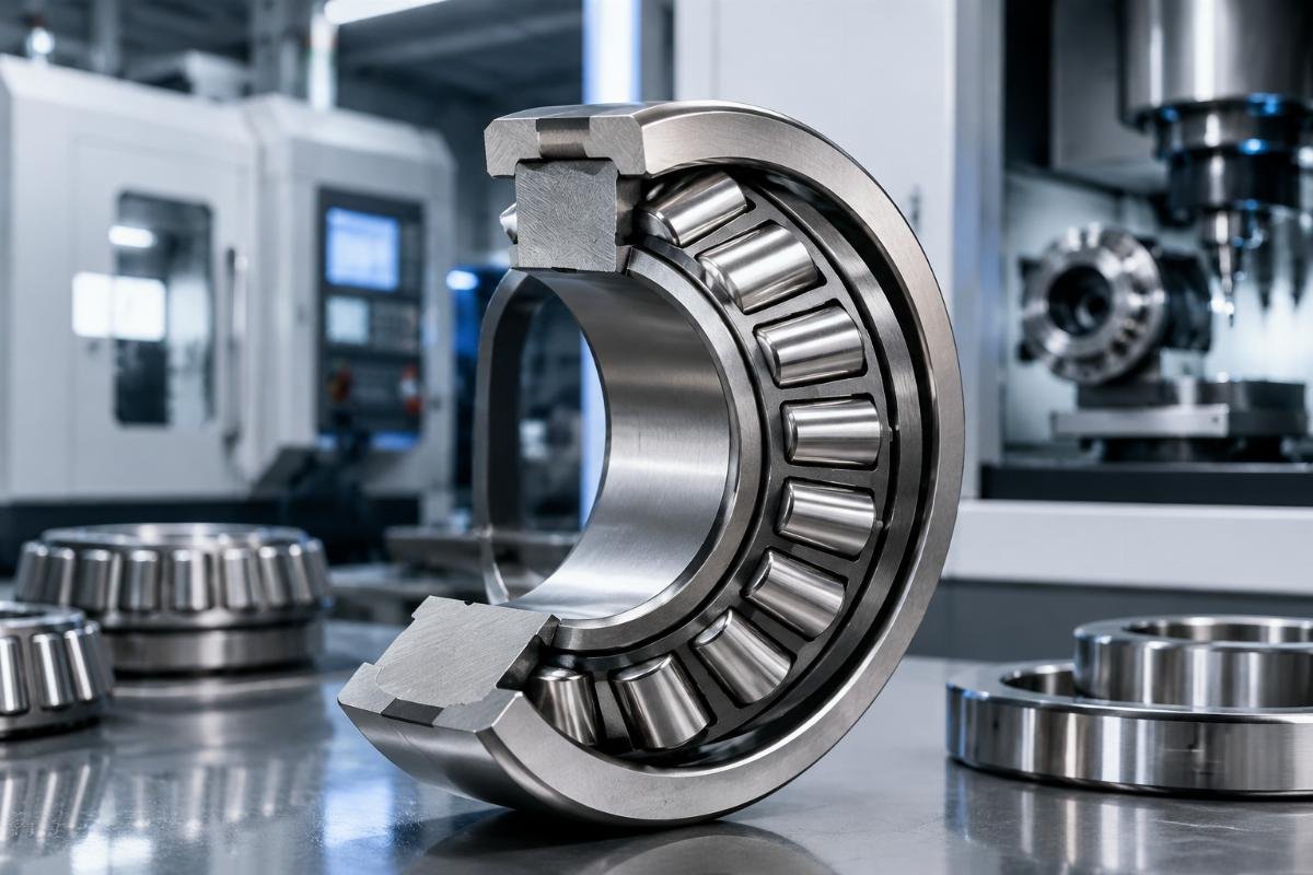 Tapered wheel bearing precision structure Tapered roller bearing cross-section showing precision machining details