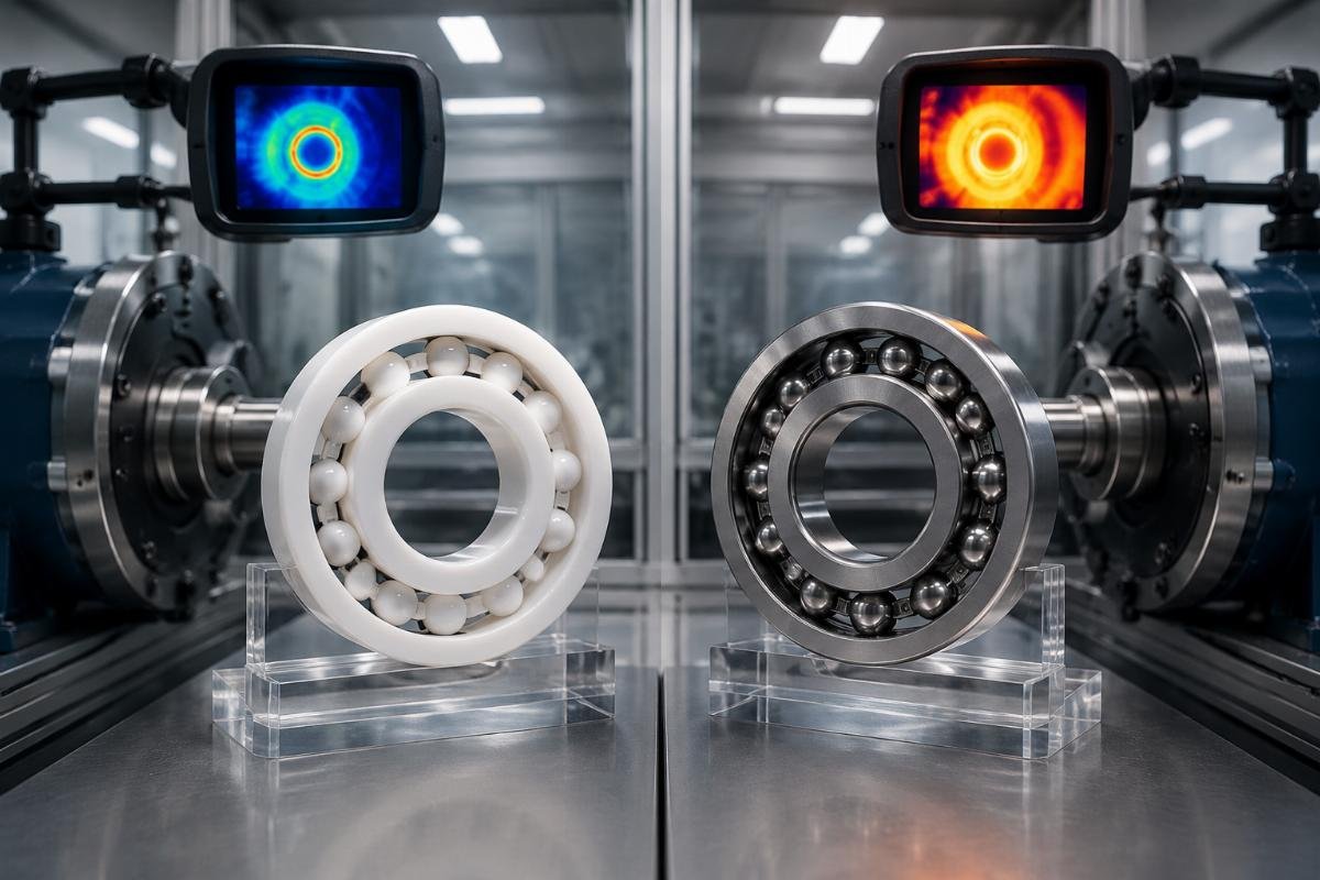 Temperature rise comparison between ceramic and steel cage bearings at 3500 RPM over 1000-hour test Ceramic vs Steel Bearing Performance Comparison